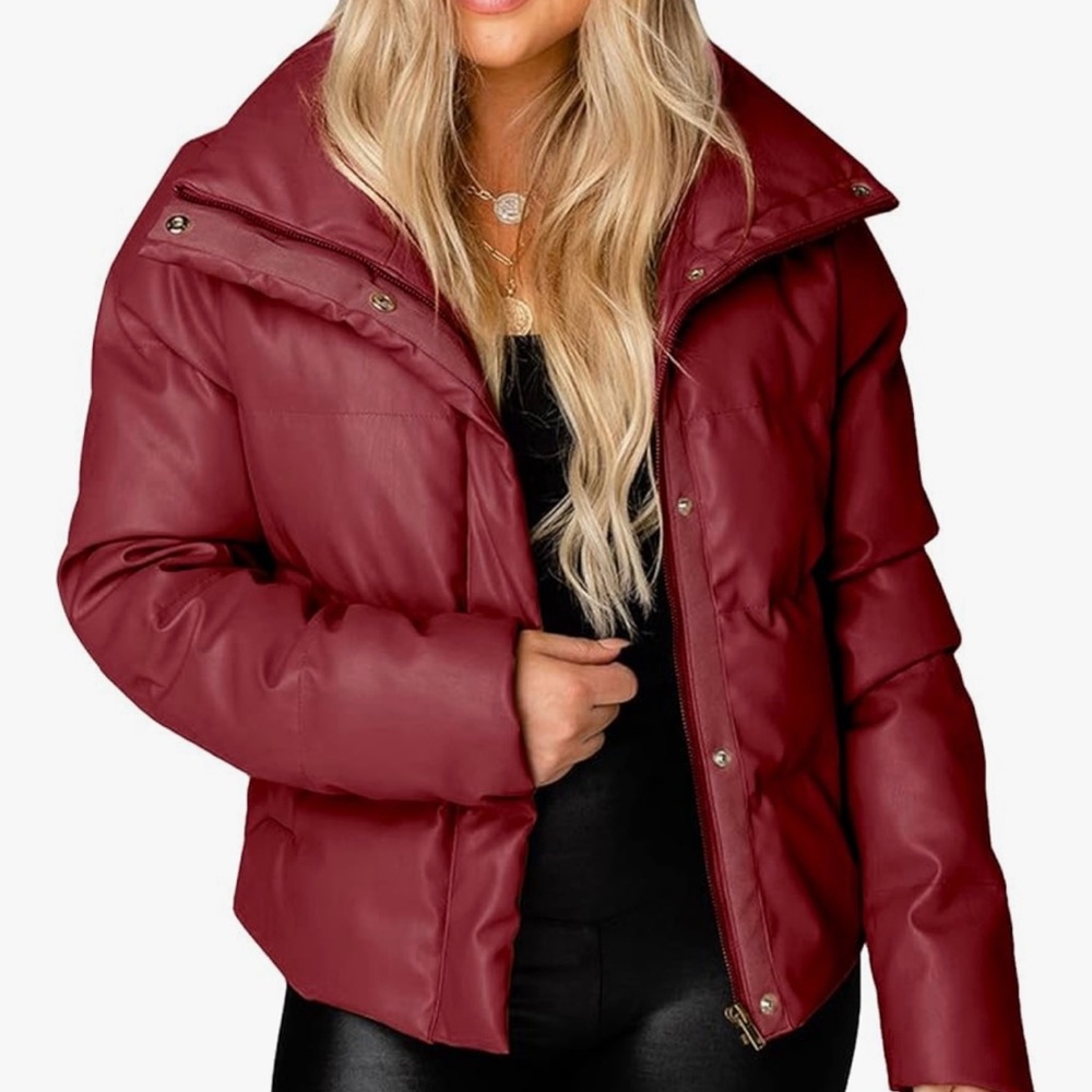 Red Leather Jacket with Stand-Up Collar and Relaxed Fit